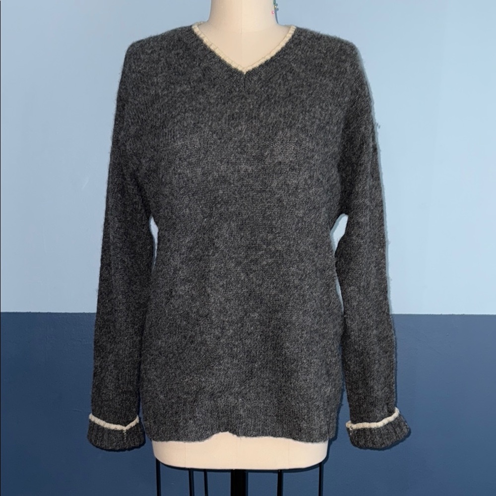 Gray V-Neck Women's Sweater (100% Wool)